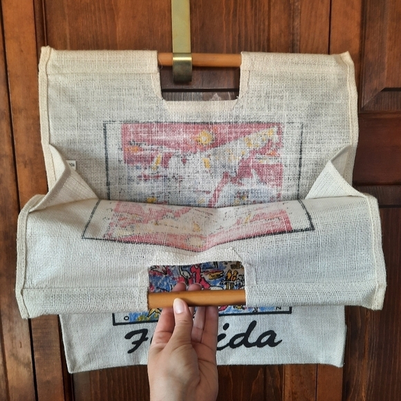 NWOT Vintage Florida graphic wood handle woven large reusable tote beach bag - Picture 6 of 9